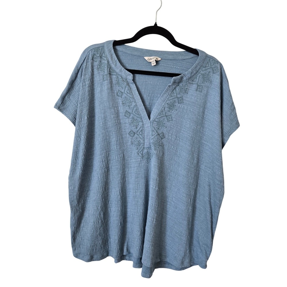 Orvis Womens XXL Top Blue Short Sleeve Embroidered Split V-Neck Textured Relaxed
